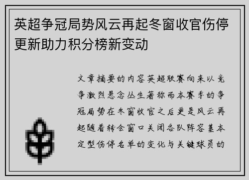 英超争冠局势风云再起冬窗收官伤停更新助力积分榜新变动 英超争冠局势风云再起冬窗收官伤停更新助力积分榜新变动